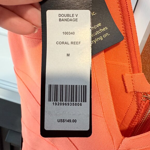 🧡 Coral Reef Bandage Dress | Double V Bodycon | Medium - Picture 7 of 11